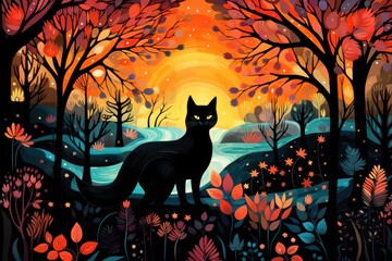  a painting of a black cat sitting in the middle of a forest with a river in the background and trees in the foreground, and a sunset in the background.