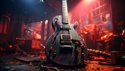 Electric guitar on the background of a night club. Selective focus. - obrazy, fototapety, plakaty