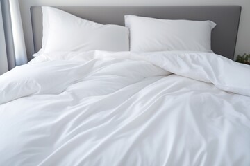  an unmade bed with a white comforter and two pillows on top of it and a potted plant on the side of the bed in front of the room.