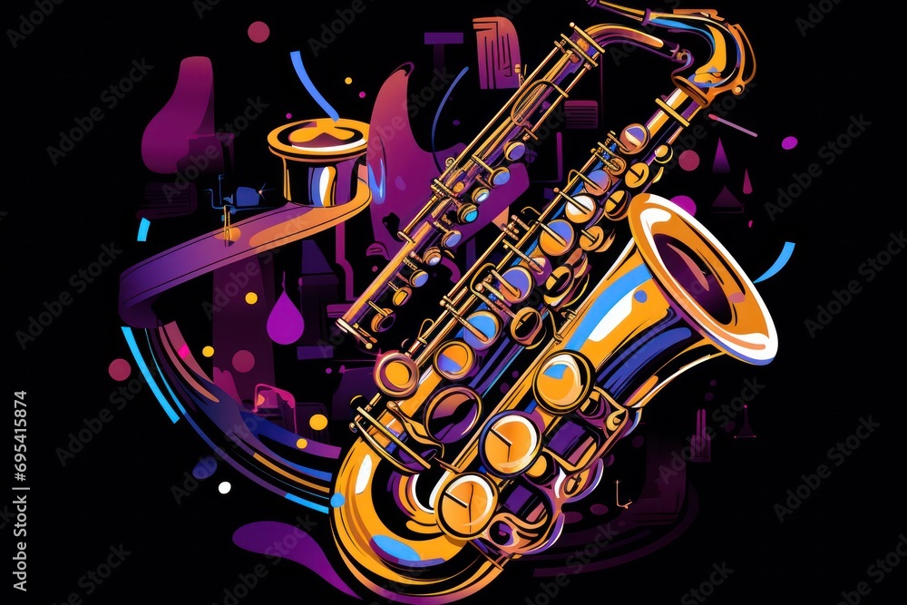 Poster a close up of a saxophone on a black background with a splash of paint on the bottom half of the ima