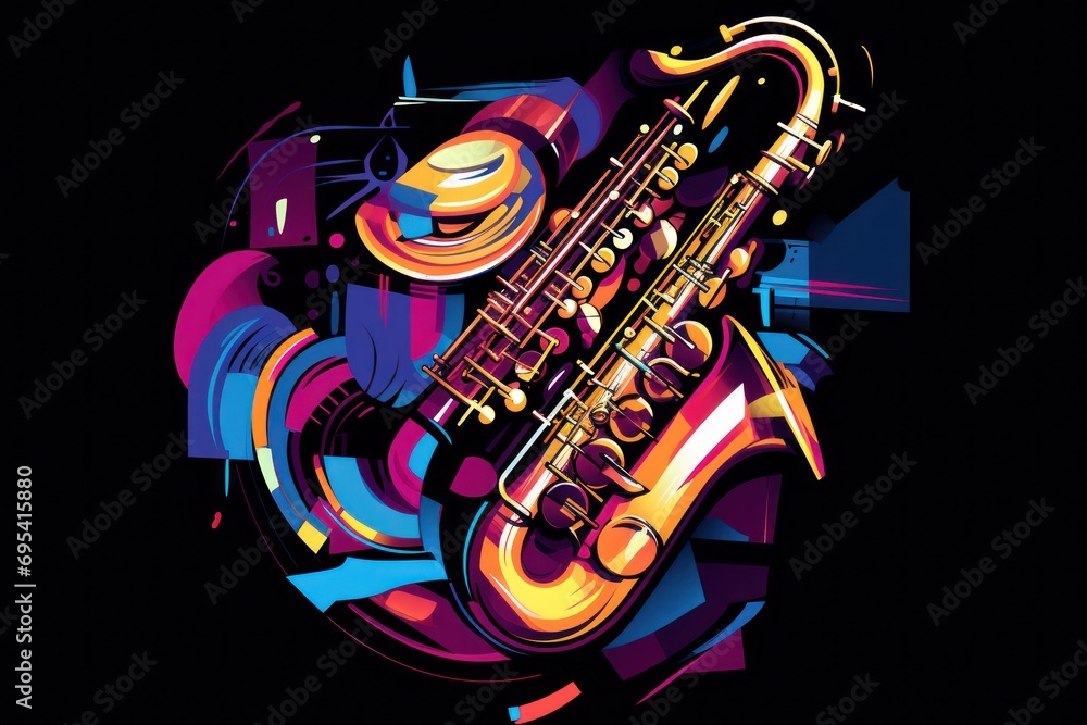 Poster a close up of a saxophone on a black background with a multicolored image of a musical instrument in