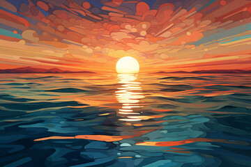 Contemporary, abstract rendering of a sunrise over the ocean.