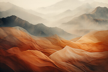 Abstract, surreal depiction of a mountain pass with contemporary hues.