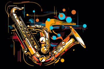  a close up of a saxophone on a black background with a splash of blue, yellow, red, and orange paint splattered in the middle of the image.