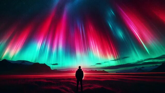 Figure standing under vivid 3D animated aurora lights in a striking mountainous landscape.
