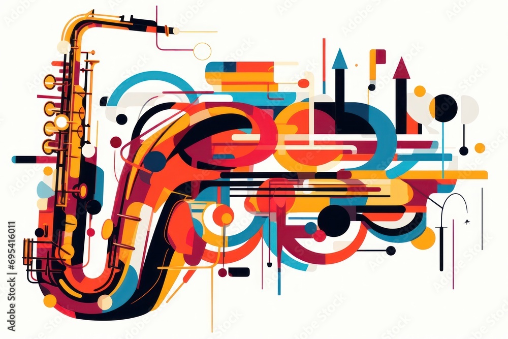 Poster a picture of a saxophone with a lot of different colors and shapes on a white background with a blac