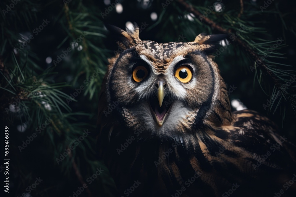 Poster a close up of an owl on a branch of a tree with snow flakes on it's branches and a blurry background