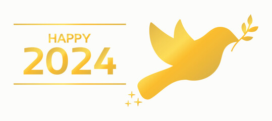 Happy new year 2024, party, dove, golden, shine, star. Special date, holiday, vacation, non-violence. Happiness, love, peace. Vector, illustration, symbol, icon. Decor, peace, day, international