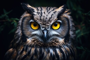  a close up of an owl's face with a yellow eyed bird in the middle of it's face, with a black background of green leaves and branches.