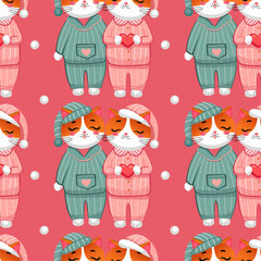 Vector Seamless cats in pajamas, background for Valentine's Day