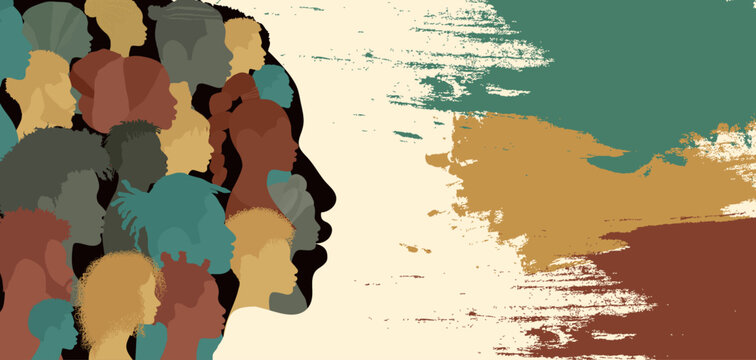 Head silhouette of black man containing many heads of African and African American people.Black history month.Black Ethnic group.Racial equality - justice - identity - anti-racism.Banner