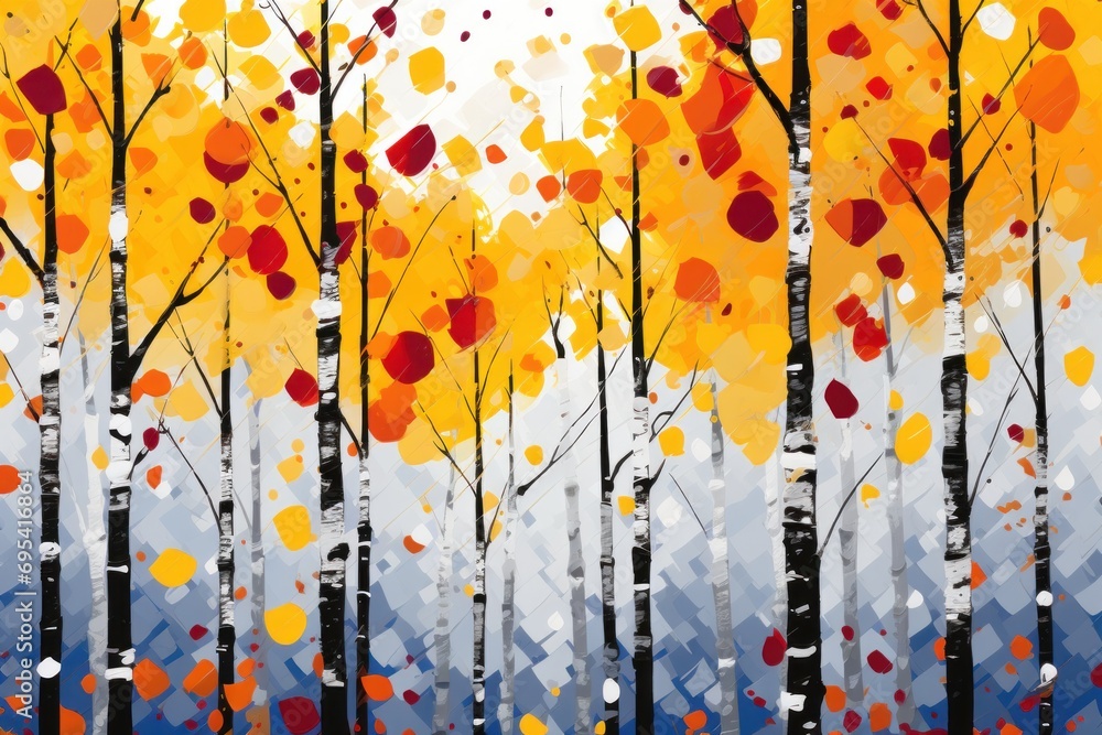 Poster a painting of a group of trees with oranges and yellows on the trees and a blue sky in the backgroun