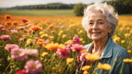Bella signora pensionata di 80 anni felice in un prato fiorito pieno di fiori colorati in primavera - obrazy, fototapety, plakaty
