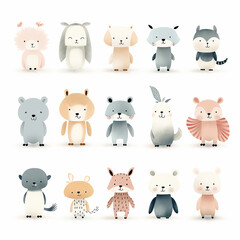 whimsical cute children animals cartoon clipart collection on white background with margins, organic