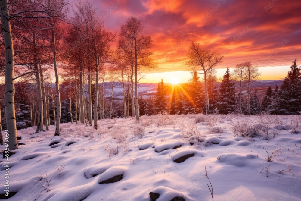 Poster the sun sets over a snowy landscape with trees in the foreground and a mountain range in the distanc