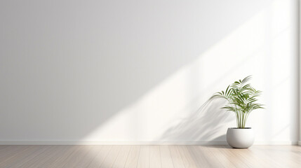 In this 3D rendering, experience a minimalist interior with wood laminate floors and natural sunlight casting artistic wall shadows. Ideal for design presentations. Generative AI. - obrazy, fototapety, plakaty