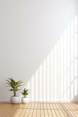 Fototapeta premium An empty living room designed in a minimalist style with fixed windows and plant pots, the daylight fills the room, in a city. Generative AI.