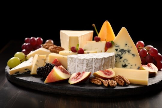  a variety of cheeses, nuts, and grapes on a black platter on a wooden table with a black backgroung of grapes and walnuts in the foreground.