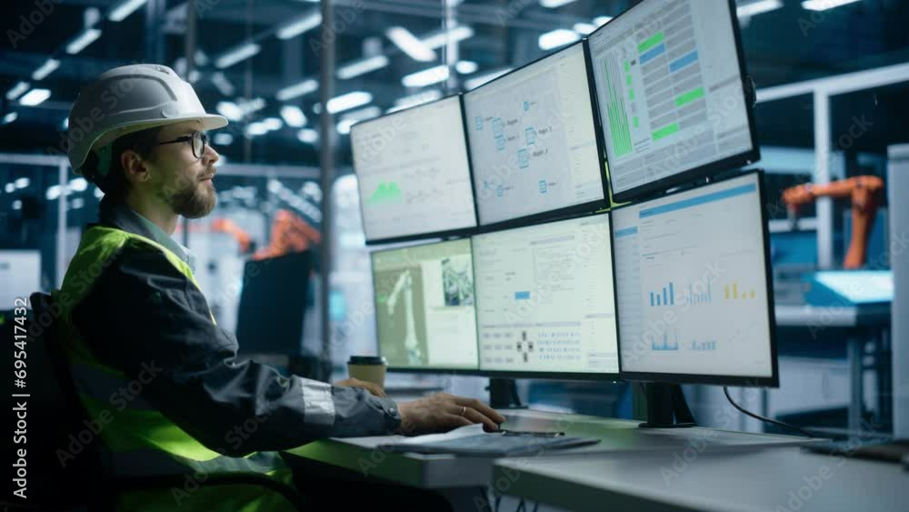Poster Caucasian Male Process Engineer Using Multi Monitor Workstation To Control Production Of Modern Electric Components on Autonomous Assembly Line With Robotic Arms. Man Adjusting Manufacturing Processes
