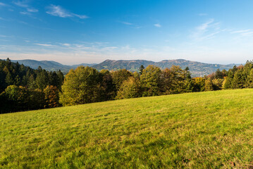 View from meadow above Malenovice village in Moravskoslezske Beskydy mountains in Czech republic - obrazy, fototapety, plakaty