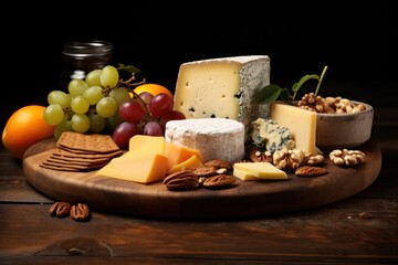  a variety of cheeses, nuts, and fruit are arranged on a wooden platter with a jar of honey and a glass of wine on the side of grapes.