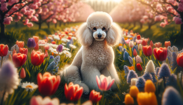 A photorealistic image of a poodle among blooming flowers in a serene field.