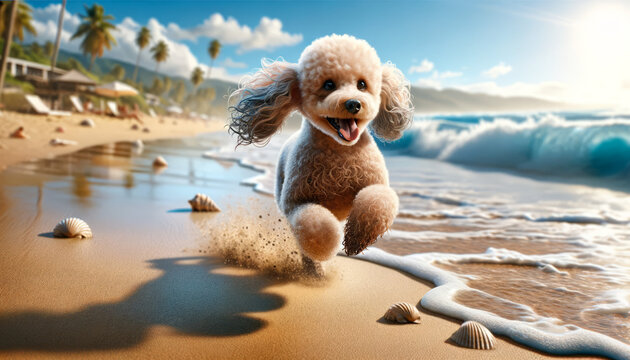 A photorealistic image of a poodle at the beach, capturing the joy and playfulness of the scene.