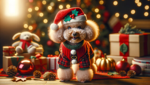 A photorealistic image of a poodle dressed in festive attire, suitable for a holiday like Christmas or Halloween.