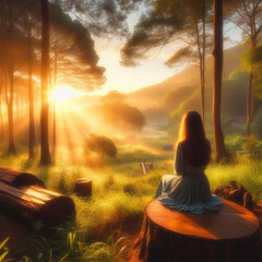 ai generates a peaceful forest scene in the morning with the sunrise there are beautiful women