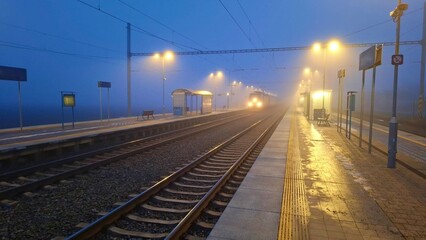 Night railway terminal. Deserted train station in fog. Concept of travelling, tourism or commuting to work