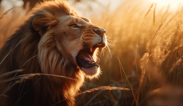 Generative AI image of Majestic Lion Roaring at Sunset