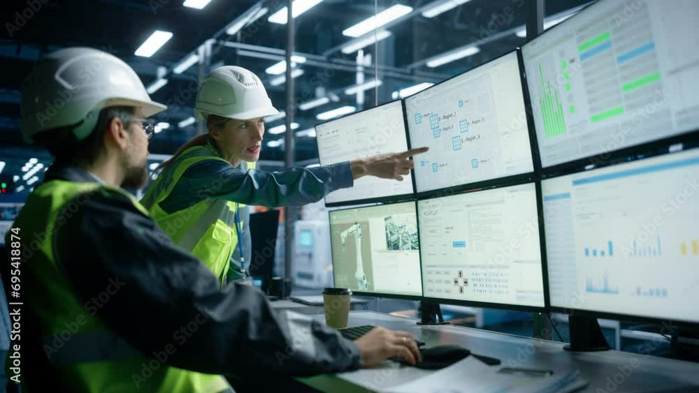 Poster Caucasian Male Process Engineer Using Multi Monitor Workstation And Talking To Female Production Supervisor At Electronics Factory. Colleagues Monitoring Autonomous Assembly Line With Robotic Arms.