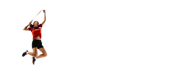 Energetic portrait capturing spirit of championship preparation, featuring skilled badminton player showcasing her moves against white background. Concept of sport, kinds of sport, action. Copy space.