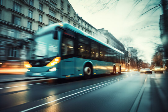Generative AI illustration of city bus in motion driving through urban streets with dynamic motion blur
