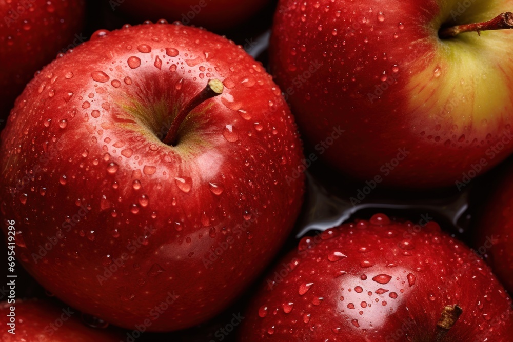Poster a pile of red apples with drops of water on the top of them and a green apple in the middle of the p