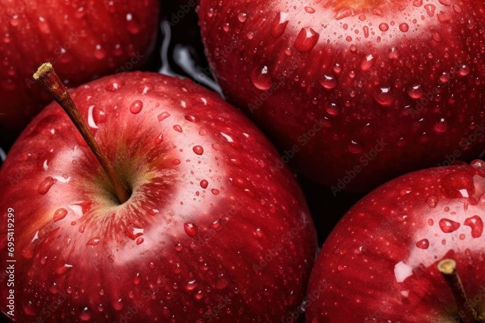 Poster a close up of a bunch of red apples with drops of water on the outside of the apples and the inside 