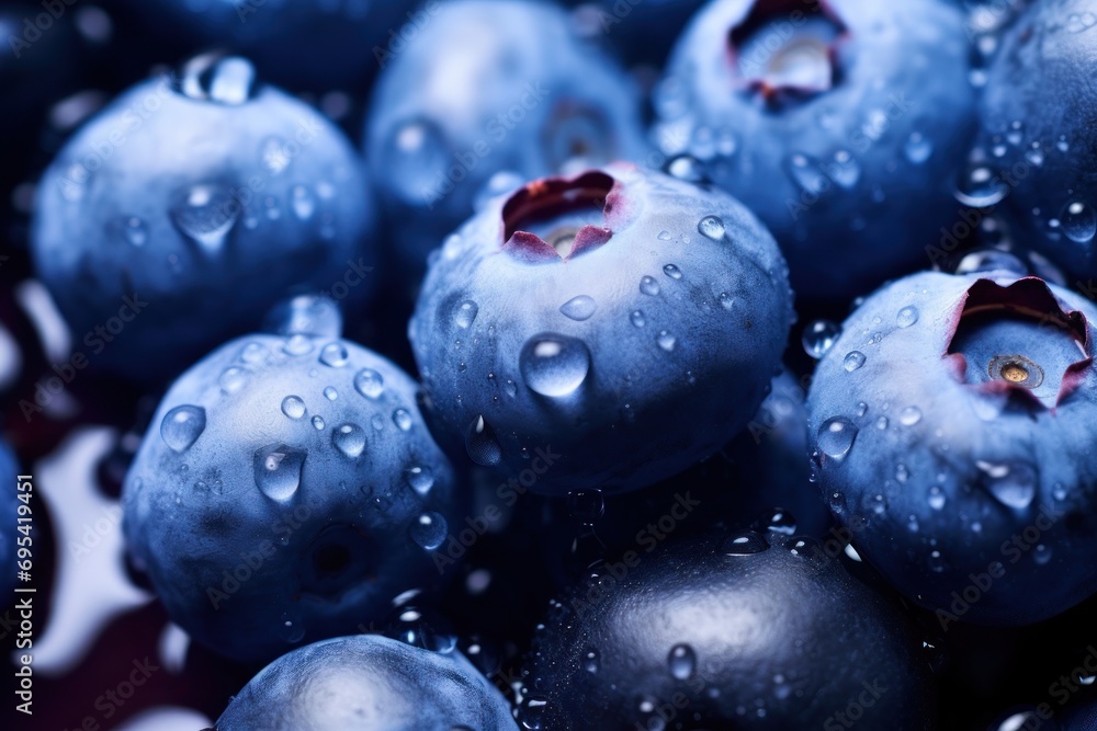 Poster  a close up of blueberries with drops of water on the top and bottom of the berries on the bottom and bottom of the berries on the bottom of the image.