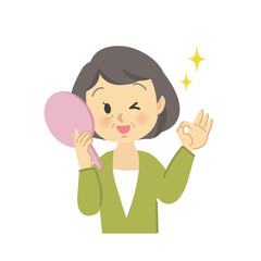 イラスト素材セット：ヘアケア　シニア女性がヘアスタイルを鏡で見て喜ぶ姿、毛染め後　ビフォーアフター
