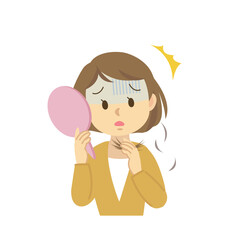 イラスト素材セット：ヘアケア　若い女性が抜け毛や薄毛で老化を感じ鏡で見て悩む姿　　ビフォーアフター
