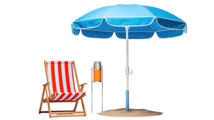 beach chair blue beach umbrella and ring buoy , transparent background Isolated on a white background - obrazy, fototapety, plakaty