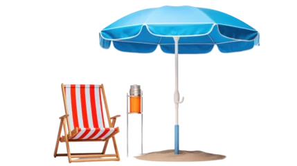 Fotobehang beach chair blue beach umbrella and ring buoy , transparent background Isolated on a white background © venusvi