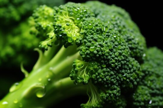 a close up of a broccoli floret with drops of water on the broccoli floret head and the florets are ready to be eaten.