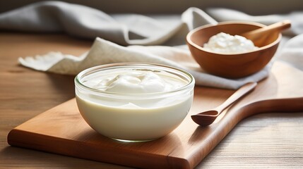 A wooden spoon in a bowl of yogurt Create a simple. Ai generative - obrazy, fototapety, plakaty