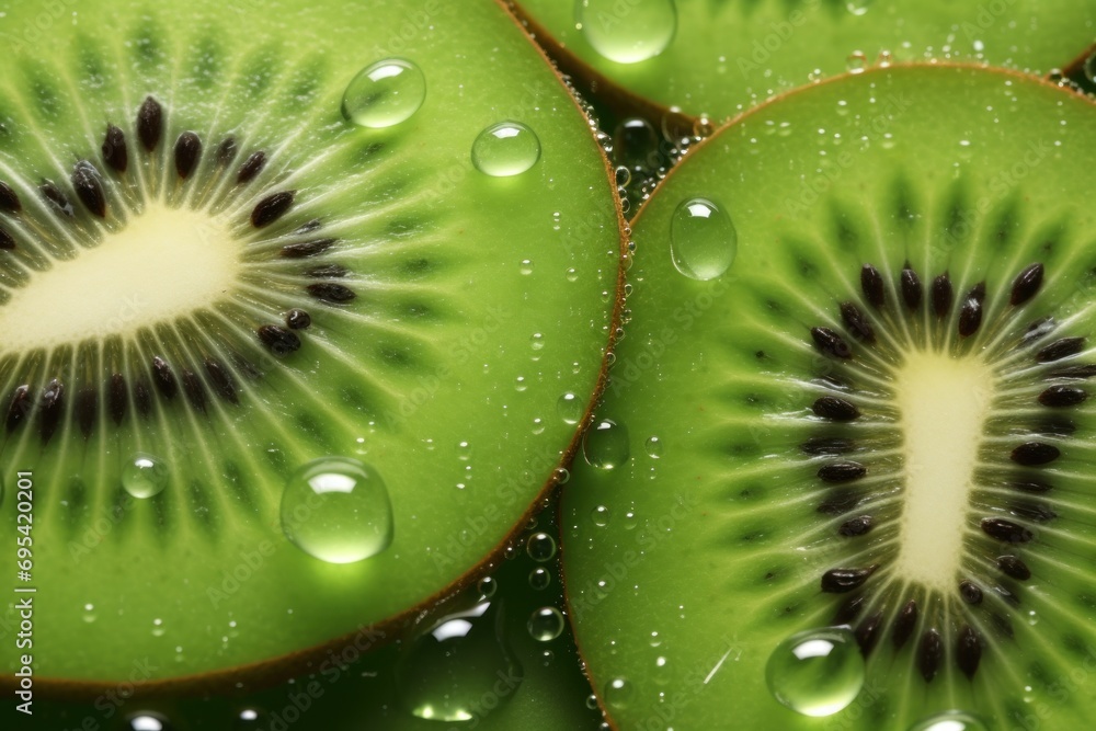 Poster  a close up of a sliced kiwi fruit with drops of water on the top of the sliced kiwi and on the side of the other half of the kiwi.