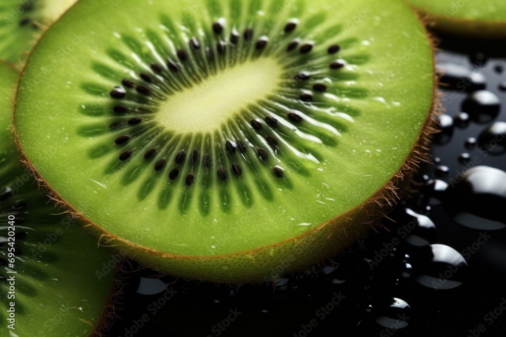 Poster  a close up of a kiwi cut in half on a black surface with drops of water on the top of the kiwi and on the bottom of the kiwi.