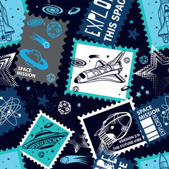 Hand drawn seamless space pattern with  space rockets, planets, stars. Space background © SokolArtStudio