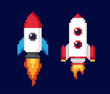 Set of 8bit pixel art game asset. Retro icons with spaceships, rockets or starships in outer space. Design for video game about universe. Cartoon flat vector collection isolated on dark background