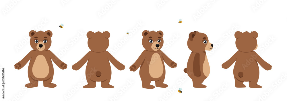 Poster set of character constructor for animation. body of cute wild animal or beast from front, back and s