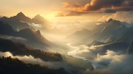 Foggy sunrise over mountains. Panoramic view. Nature background
