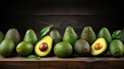 Avocados on wooden background Create a visually. Ai generative